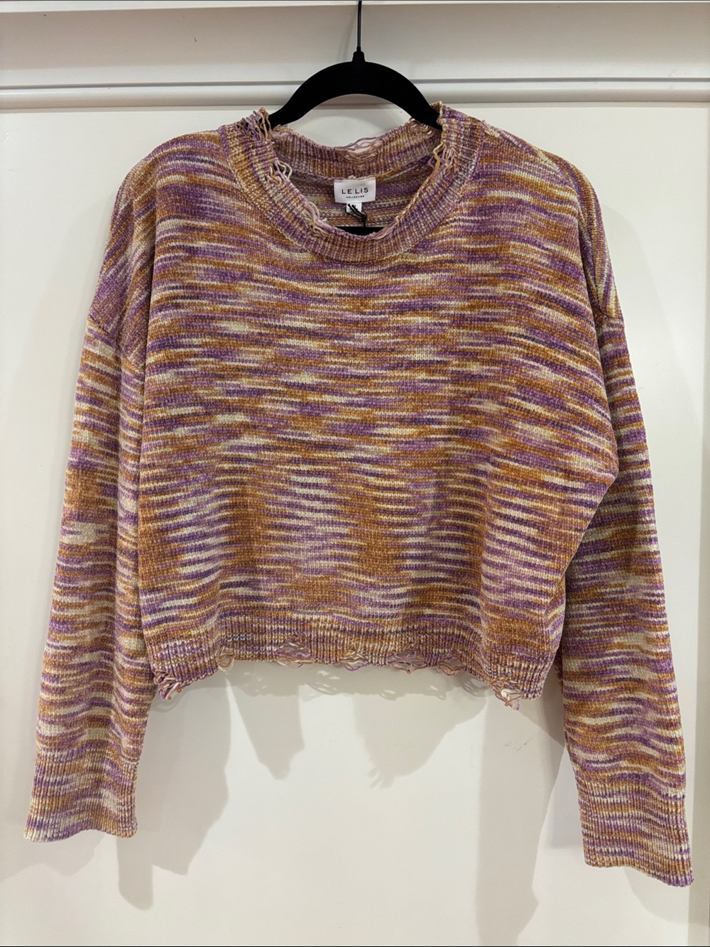 NWT Le Lis Space Dye Distressed Cropped Crewneck Sweater Grunge Purple Mustard M